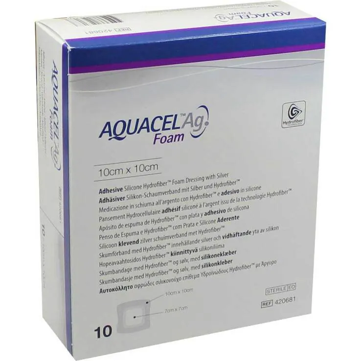 Aquacel Ag Foam adhäsiv 10x10cm Verband, 10 St
