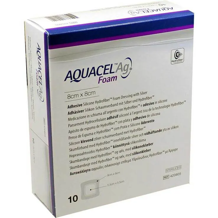 Aquacel Ag Foam adhäsiv 8x8cm Verband, 10 St