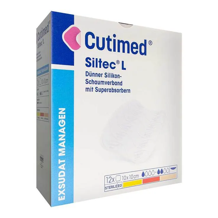 Cutimed Siltec L Schaumverband 10x10 cm dü.san.haf., 12 St