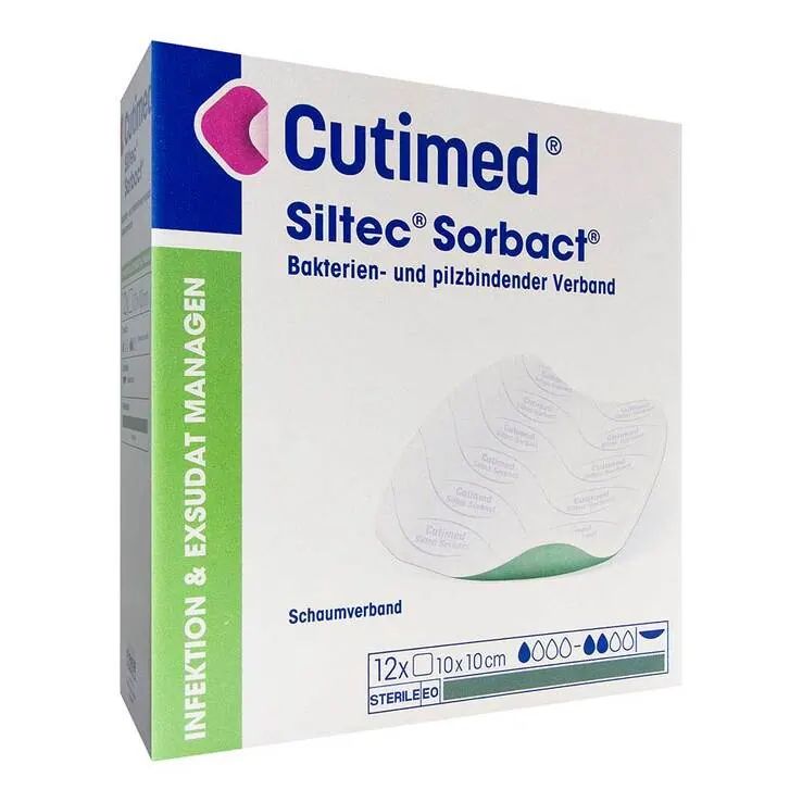 Cutimed Siltec Sorbact PU-Verband 10x10cm ohne Haftrand, 12 St
