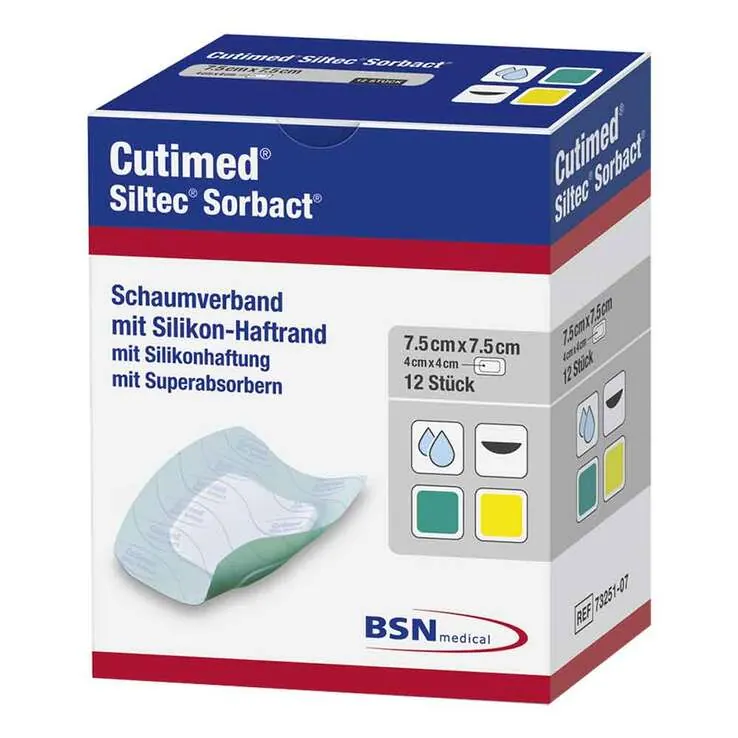 Cutimed Siltec Sorbact PU-Verband 7,5x7,5 cm, 12 St