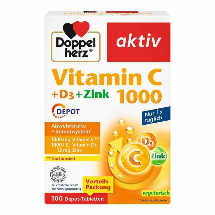 Doppelherz Vitamin C 1000 + D3 + Zink Depot Tabletten, 100 St
