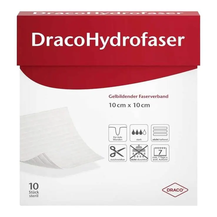 Dracohydrofaser 10x10 cm gelbildender Faserverband, 10 St
