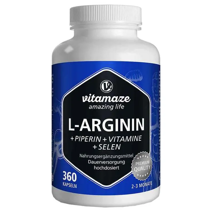 L-Arginin 750 mg hochdosiert + Piperin + Vitamine Kapseln, 360 St