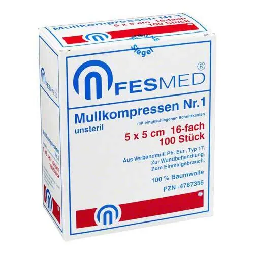 Mullkompressen ES 5x5 cm unsteril 16fach Größe 1, 100 St