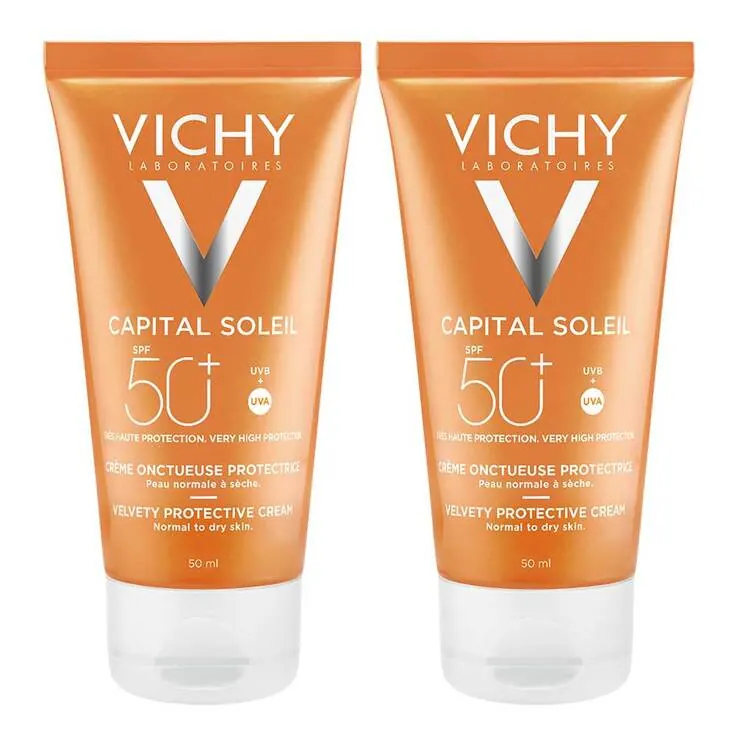 Vichy Capital Soleil Hautperfektionierende Sonnen-Creme LSF 50+ für das Gesicht, 2x50 ml